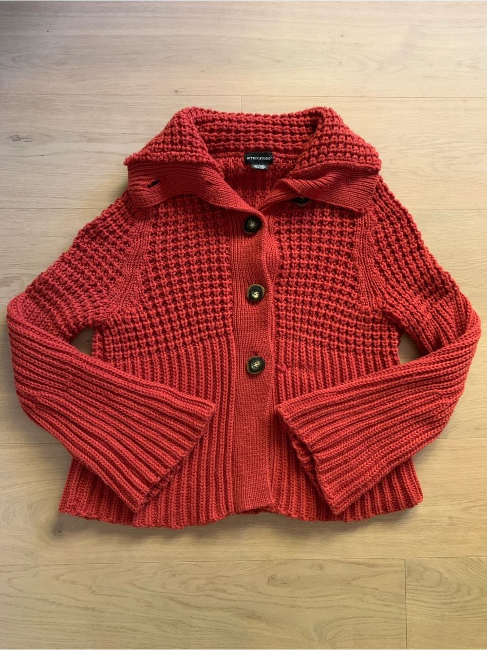Sutton Studio 100% Wool Chunky Knit Cardigan Women L Deer Buttons Cabin Sweater